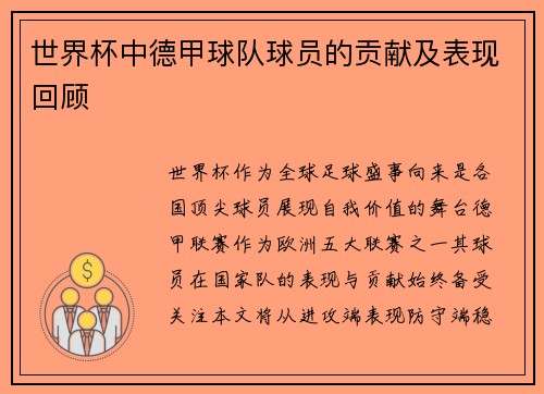 世界杯中德甲球队球员的贡献及表现回顾